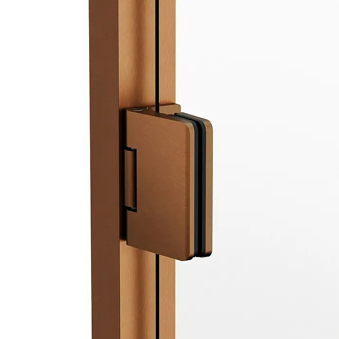 GME Mampara de ducha esquinera Glass K - L x An x Al: 70 x 45 x 195 cm, Cobre - Primer plano de una moderna bisagra de ducha de bronce unida a una puerta de ducha de vidrio, destacando el acabado premium.