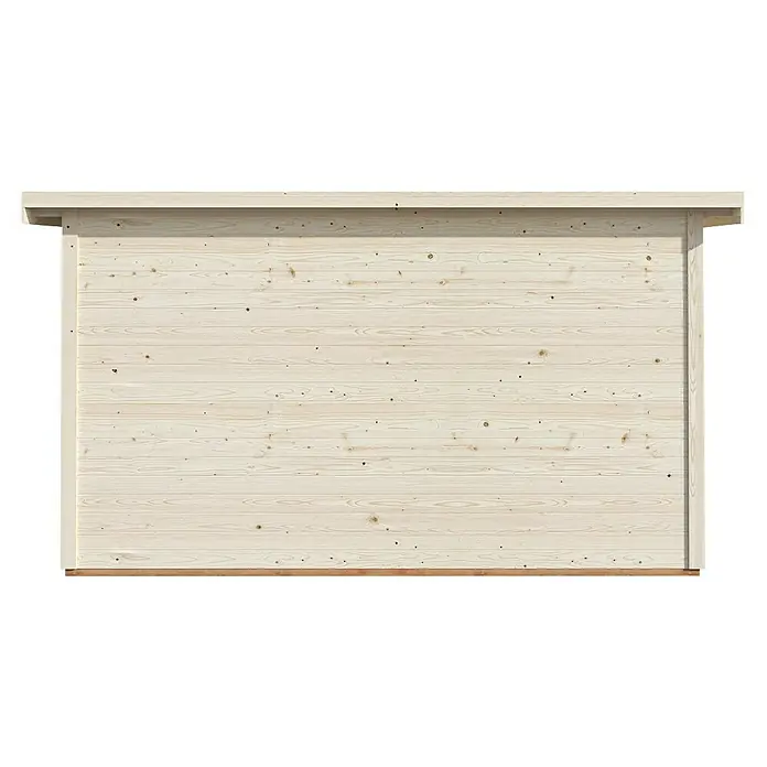 Palmako Gartenhaus Andrea Slide - Außenmaß inkl. Dachüberstand (B x T): 434 x 402 cm, Tauchgrundiertes Holz, Natur - Detailansicht einer Holzwand. Die Oberfläche zeigt eine helle Holzstruktur mit Ästen und Maserungen. Ideal für rustikale Designs.