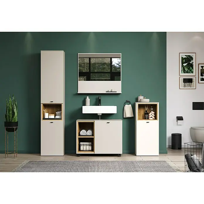 Trendteam Sao Paulo Badmöbel-Set - Gesamtbreite Badmöbel: 180 cm, Kaschmir/Evoke Eiche, Matt - Stilvolles Badezimmer-Set mit Waschtisch, Spiegel und Stauraumelementen in Beige und Holzoptik für ein modernes Ambiente.