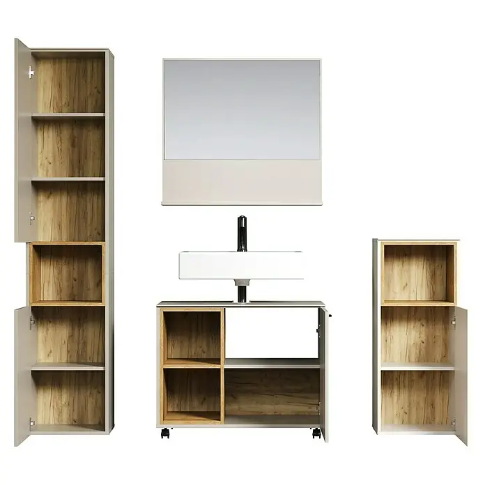 Trendteam Sao Paulo Badmöbel-Set - Gesamtbreite Badmöbel: 180 cm, Kaschmir/Evoke Eiche, Matt - Badezimmer-Möbelset mit Spiegel, Waschbeckenunterschrank und Hochschrank. Das Set ist in Grau und Holzoptik gehalten.