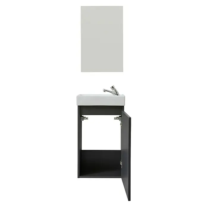 Trendteam Badmöbel-Set Champ - Grau, Matt, B x T x H: 40 x 22 x 110 cm - Badezimmerschrank mit Waschbecken und Spiegel. Der moderne Waschtisch ist grau und hat eine offene Tür. Der Spiegel ist rechteckig und hellgrau.