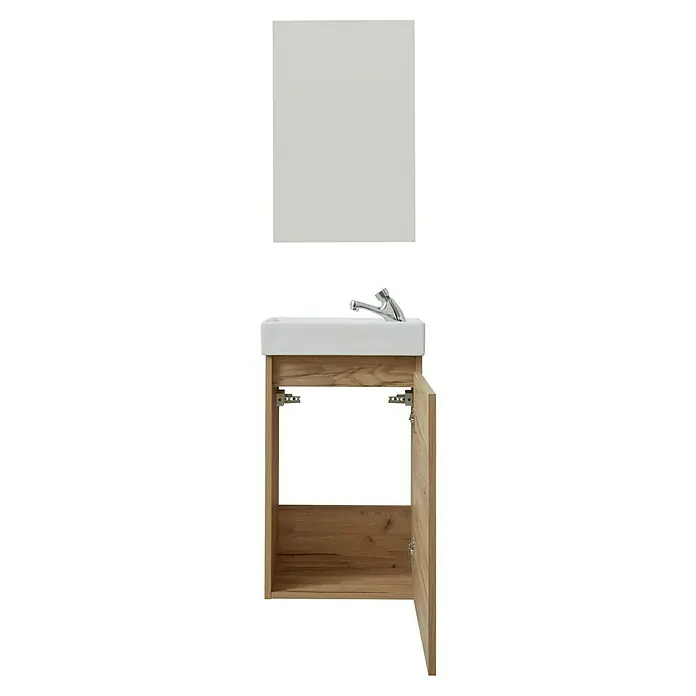 Trendteam Badmöbel-Set Champ - Evoke Eiche, Matt, B x T x H: 40 x 22 x 110 cm - Abgebildet ist ein moderner Waschtisch mit offenem Holzschrank und einem eleganten weißen Waschbecken, ideal für jedes Badezimmer.