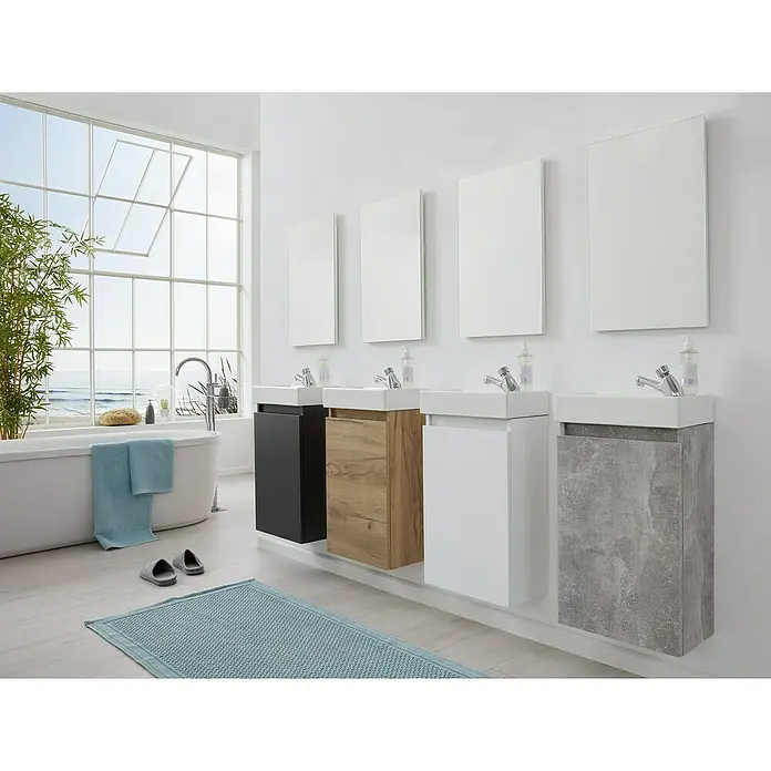 Trendteam Badmöbel-Set Champ - Evoke Eiche, Matt, B x T x H: 40 x 22 x 110 cm - Modernes Badezimmer-Design mit Waschtischen in Schwarz, Holz, Weiß und Betonoptik sowie passenden Spiegeln.