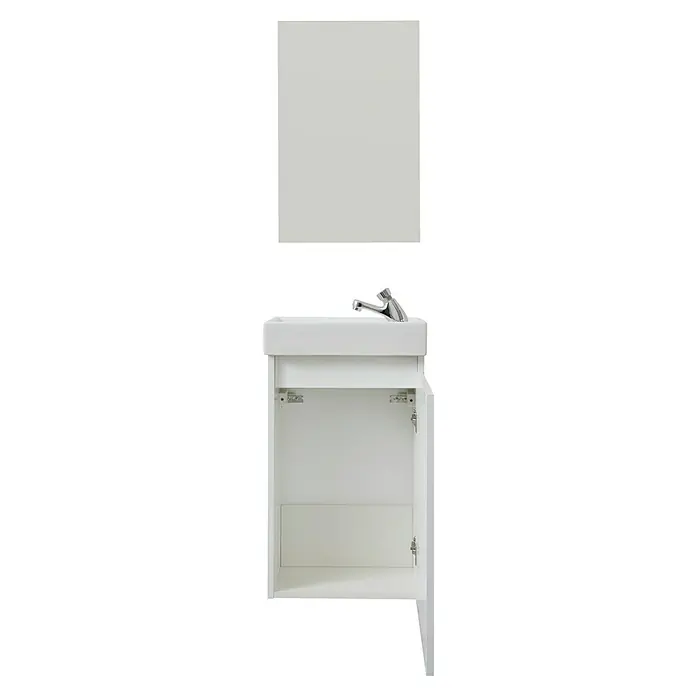Trendteam Badmöbel-Set Champ - Weiß, Matt, B x T x H: 40 x 22 x 110 cm - Weißer Badezimmerschrank mit offenstehender Tür und Waschbecken, darüber hängt ein Spiegel. Stilvolle und praktische Badmöbel für moderne Badezimmer.