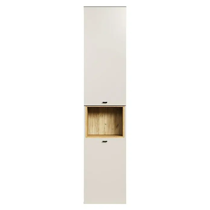 Trendteam Sao Paulo Hochschrank - B x T x H: 40 x 31 x 186 cm, Kaschmir/Evoke Eiche, Matt - Schlichtes, weißes Schrankelement mit einer offenen Holzbox in der Mitte, ideal für moderne Wohnräume und zur stilvollen Aufbewahrung von Gegenständen.