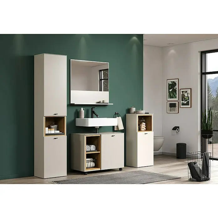Trendteam Sao Paulo Badmöbel-Set - Gesamtbreite Badmöbel: 180 cm, Kaschmir/Evoke Eiche, Matt - Das moderne Badezimmer-Set mit Waschbeckenunterschrank, Spiegel und Hochschrank bietet stilvollen Stauraum und eine elegante Optik.