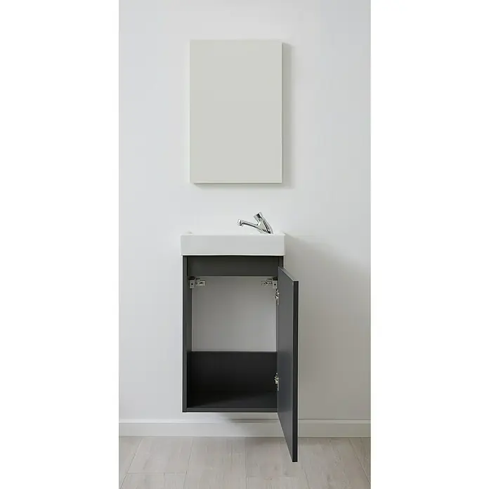 Trendteam Badmöbel-Set Champ - Grau, Matt, B x T x H: 40 x 22 x 110 cm - Badezimmermöbel mit einem Waschbecken und einem offenen Schrank unter dem Waschbecken, darüber hängt ein Spiegel an der Wand.
