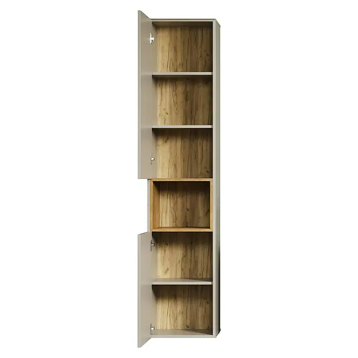 Trendteam Sao Paulo Hochschrank - B x T x H: 40 x 31 x 186 cm, Kaschmir/Evoke Eiche, Matt - Das Bild zeigt einen hohen, offenen Holzschrank mit mehreren Einlegeböden und zwei geöffneten Türen. Das Innere des Schranks ist mit einem hellen Holzfurnier versehen.