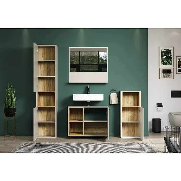 Trendteam Sao Paulo Badmöbel-Set - Gesamtbreite Badmöbel: 180 cm, Kaschmir/Evoke Eiche, Matt - Badezimmer-Interieur mit Waschtisch, Spiegelschrank und Hochschrank in modernem Design, stilvoll und funktional.