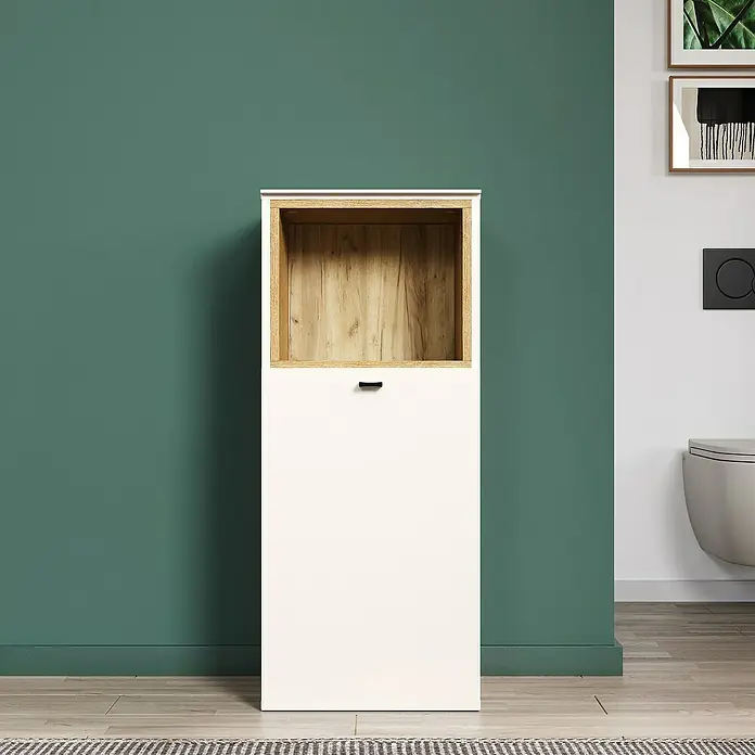 Trendteam Sao Paulo Seitenschrank - B x T x H: 40 x 31 x 95 cm, Kaschmir/Evoke Eiche, Matt - Weißer Badezimmerschrank mit offenem Holzregal zur stilvollen Aufbewahrung. Perfekt für moderne Badezimmer.