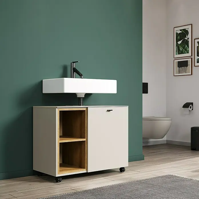 Trendteam Sao Paulo Waschbeckenunterschrank - B x T x H: 80 x 42 x 64 cm, Kaschmir/Evoke Eiche - Badezimmeransicht mit modernem Waschtischunterschrank in Beige und Holzoptik, der Stauraum und eine Ablagefläche unter dem Waschbecken bietet.