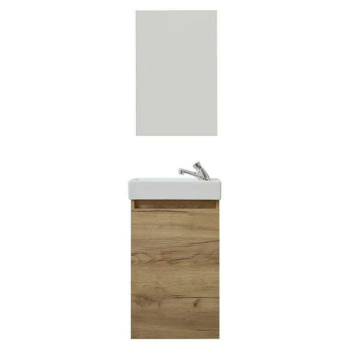 Trendteam Badmöbel-Set Champ - Evoke Eiche, Matt, B x T x H: 40 x 22 x 110 cm - Nahaufnahme eines modernen Waschtischs mit Holzmaserung und einem schlichten, weißen Waschbecken. Darüber hängt ein passender Spiegel.