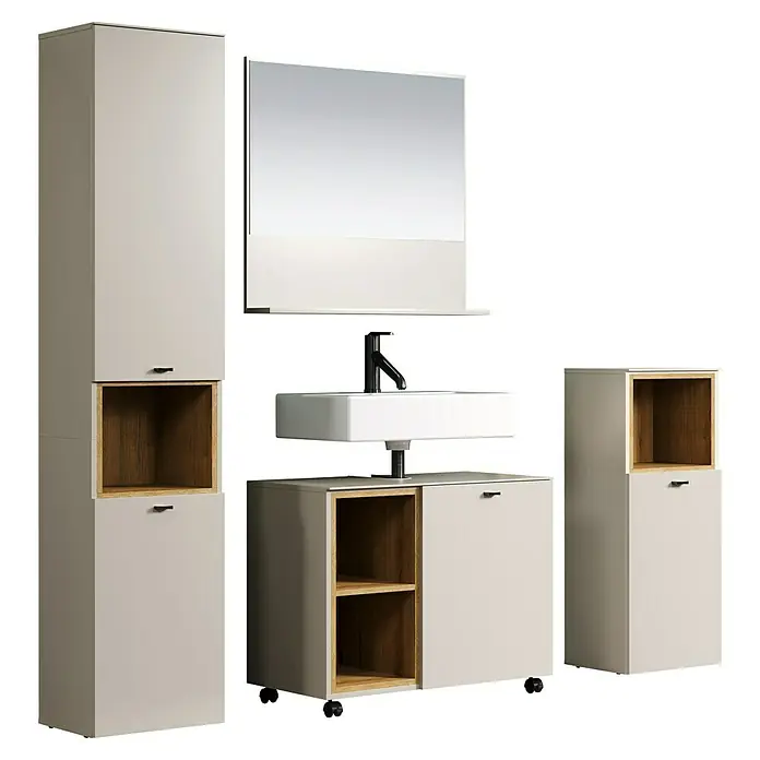 Trendteam Sao Paulo Badmöbel-Set - Gesamtbreite Badmöbel: 180 cm, Kaschmir/Evoke Eiche, Matt - Ein stilvolles Badezimmer-Set mit Waschbecken, Spiegel und passenden Schränken in neutralen Farben und Holzakzenten.