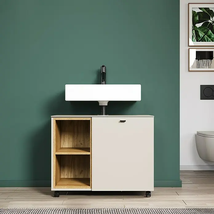 Trendteam Sao Paulo Waschbeckenunterschrank - B x T x H: 80 x 42 x 64 cm, Kaschmir/Evoke Eiche - Modernes Badezimmerwaschbecken mit offenem Regal und Schublade unter dem Waschbecken.