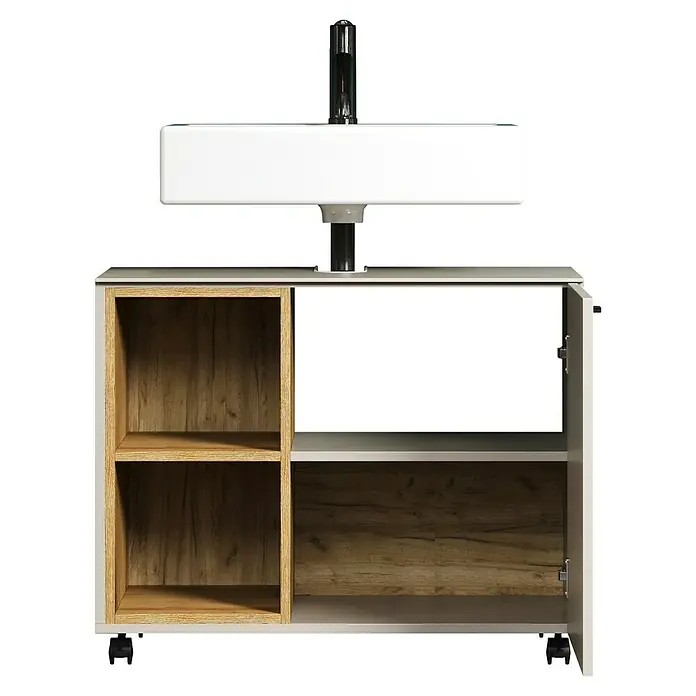 Trendteam Sao Paulo Waschbeckenunterschrank - B x T x H: 80 x 42 x 64 cm, Kaschmir/Evoke Eiche - Das Bild zeigt einen modernen Waschtischunterschrank in Weiß und Holzoptik, mit offenem Regal und Tür. Stilvolles Badezimmermöbel für Ordnung.