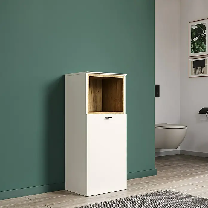 Trendteam Sao Paulo Seitenschrank - B x T x H: 40 x 31 x 95 cm, Kaschmir/Evoke Eiche, Matt - Ein moderner Badezimmerschrank in Weiß mit einem offenen Holzregal oben. Perfekt für stilvolle Badaufbewahrung.