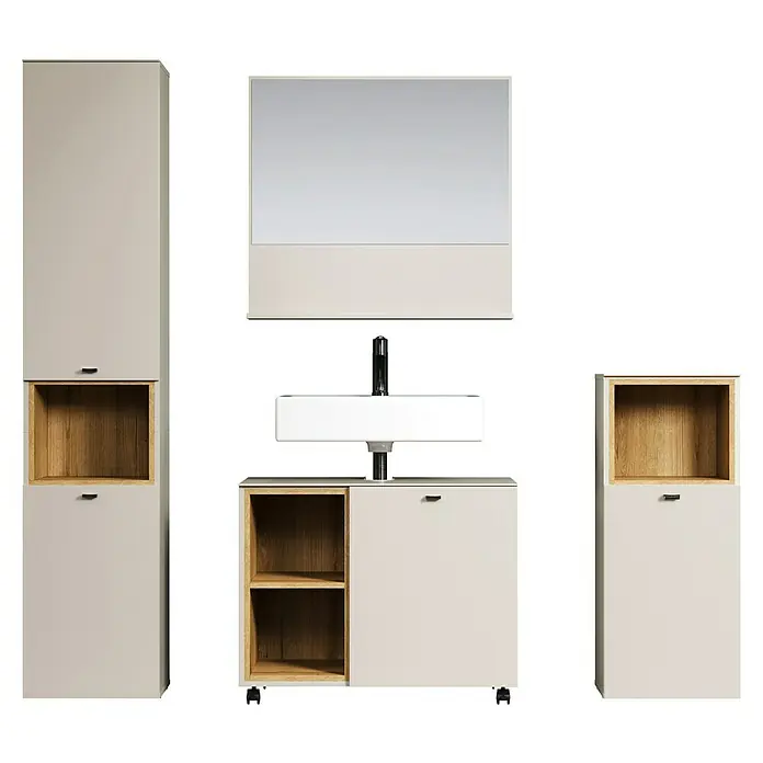 Trendteam Sao Paulo Badmöbel-Set - Gesamtbreite Badmöbel: 180 cm, Kaschmir/Evoke Eiche, Matt - Moderne Badmöbel in Beige mit Holzelementen und einem Spiegel. Das Set umfasst einen Waschtisch, Unterschränke und einen Hochschrank.