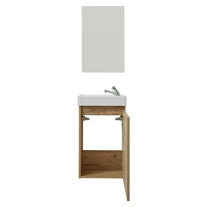 Trendteam Badmöbel-Set Champ - Evoke Eiche, Matt, B x T x H: 40 x 22 x 110 cm - Ein moderner Waschtisch mit offenem Holzunterschrank und schlichtem Spiegel. Perfekt für stilvolle Badezimmer, bietet es Funktionalität und Design.