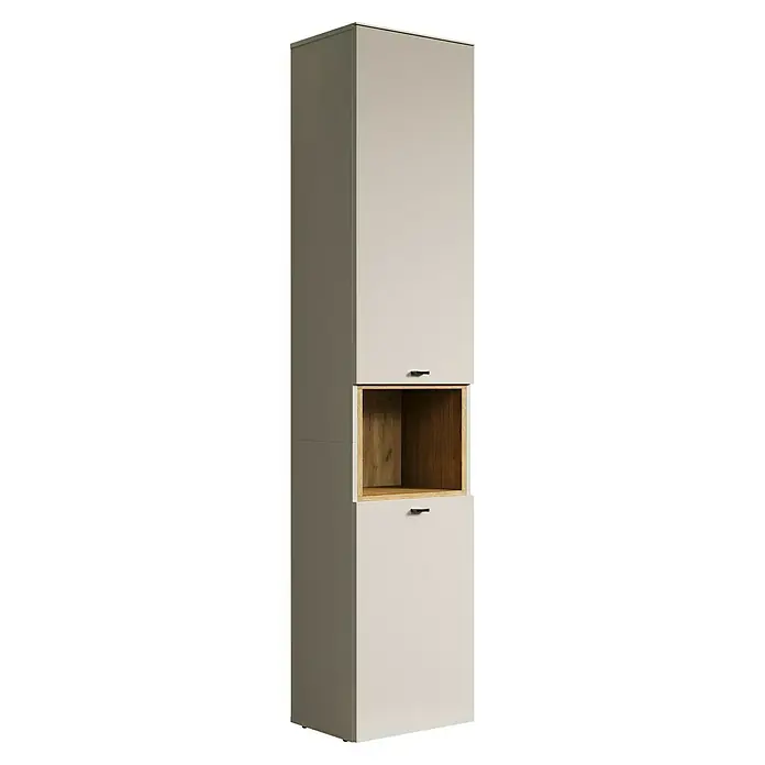 Trendteam Sao Paulo Hochschrank - B x T x H: 40 x 31 x 186 cm, Kaschmir/Evoke Eiche, Matt - Ein eleganter, hochformatiger Badezimmerschrank in neutralem Farbton mit offenem Holzfach und Griffen.