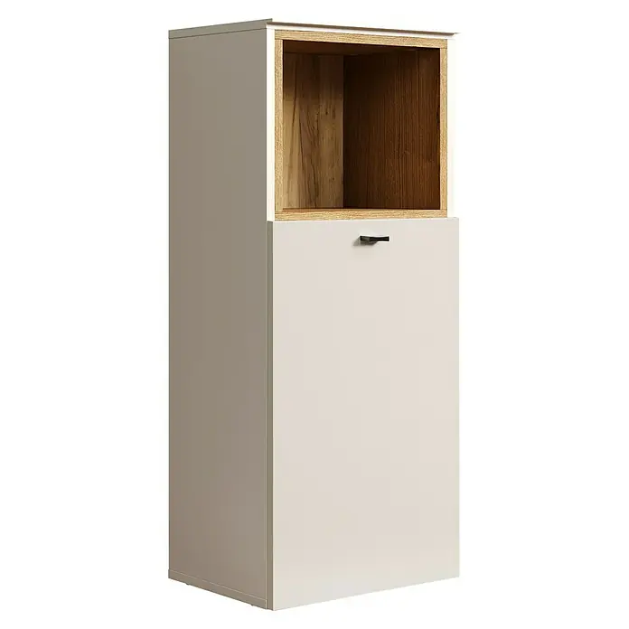 Trendteam Sao Paulo Seitenschrank - B x T x H: 40 x 31 x 95 cm, Kaschmir/Evoke Eiche, Matt - Das elegante Sideboard verfügt über ein offenes Holzregal und eine cremefarbene Tür mit einem dezenten Griff.