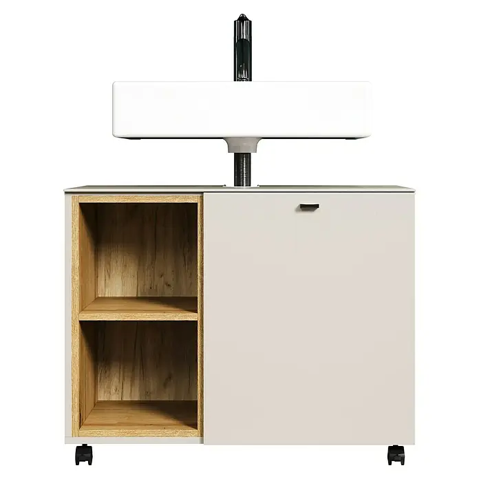 Trendteam Sao Paulo Waschbeckenunterschrank - B x T x H: 80 x 42 x 64 cm, Kaschmir/Evoke Eiche - Modernes Waschbecken mit Holzregal und weißem Schrank. Das perfekte Badmöbel für stilvolle Badezimmer mit praktischem Stauraum.