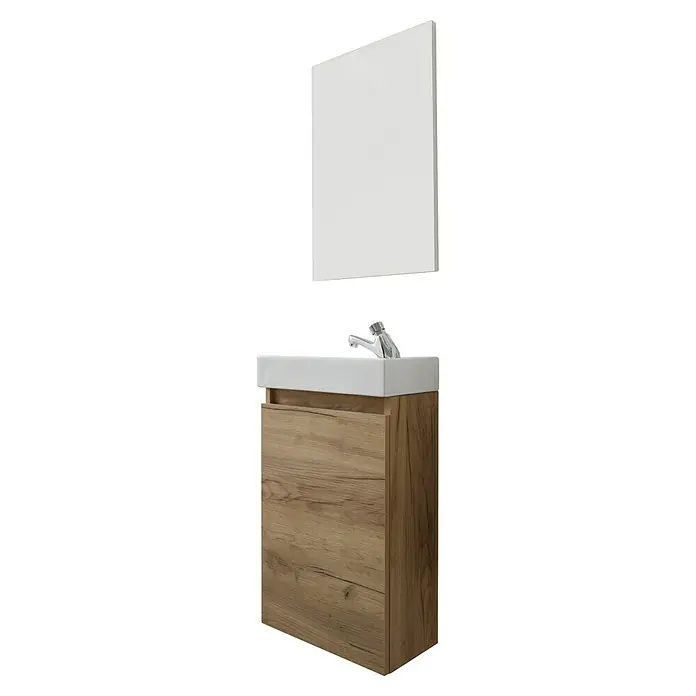 Trendteam Badmöbel-Set Champ - Evoke Eiche, Matt, B x T x H: 40 x 22 x 110 cm - Das Bild zeigt einen modernen Waschtisch mit Holzstruktur und passendem Spiegel. Die Armatur ist schlicht und elegant.