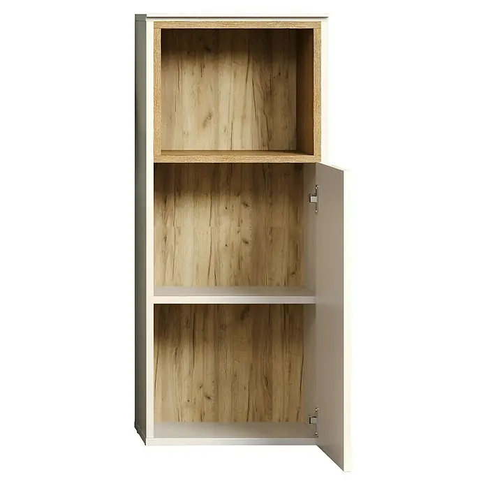 Trendteam Sao Paulo Seitenschrank - B x T x H: 40 x 31 x 95 cm, Kaschmir/Evoke Eiche, Matt - Innenansicht eines weißen Hängeschranks mit einer Holzeinlage und einer offenen Tür, die die Regale zeigt.