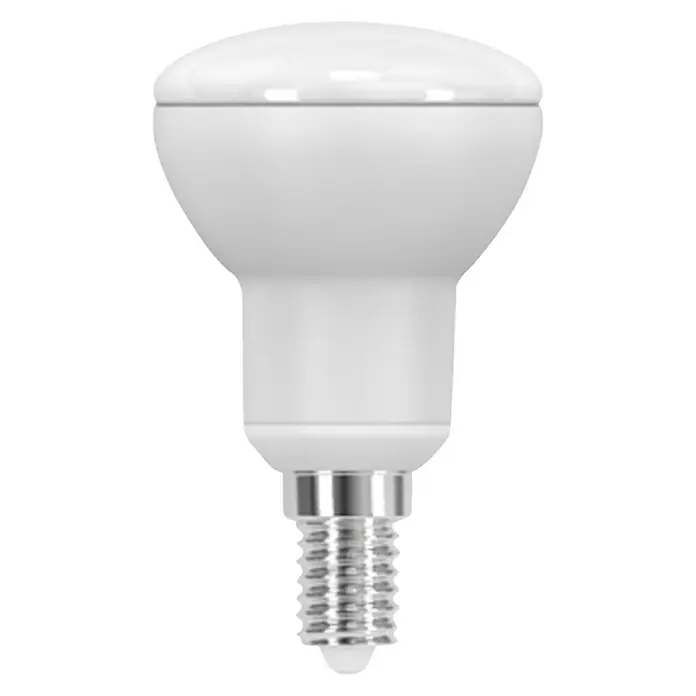 Garza Bombilla LED - E14, No regulable, Blanco cálido, 600 lm, 6 W - Primer plano de una bombilla reflectora LED blanca con una base de rosca pequeña, ideal para iluminación de acento y eficiencia energética.