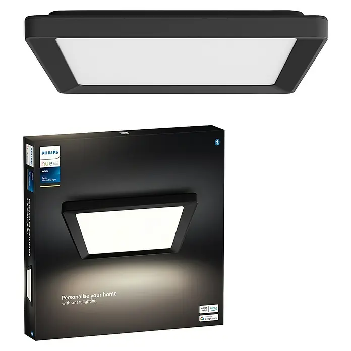Philips Hue LED-Panel White Ambiance Tento S - 12,6 W, L x B x H: 29,5 x 29,5 x 3,5 cm, Schwarz, Warmweiß - Das Philips Hue Tecto Panel mit seinem schlanken Design sorgt für eine moderne Beleuchtung. Die Box mit dem smarten Deckenlicht ist ebenfalls abgebildet.