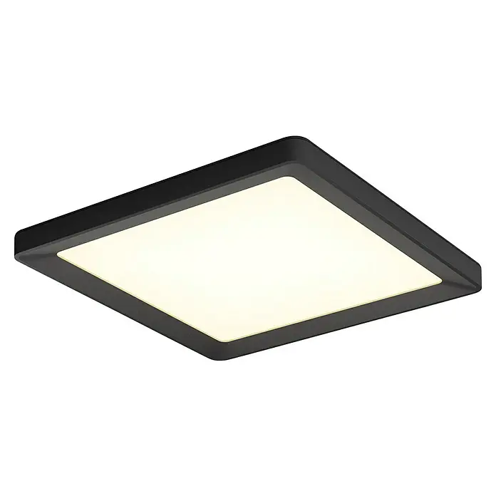 Philips Hue LED-Panel White Ambiance Tento S - 12,6 W, L x B x H: 29,5 x 29,5 x 3,5 cm, Schwarz, Warmweiß - Nahaufnahme einer quadratischen, schwarzen LED-Deckenleuchte mit heller, diffuser Beleuchtung. Diese moderne Leuchte erhellt jeden Raum stilvoll.