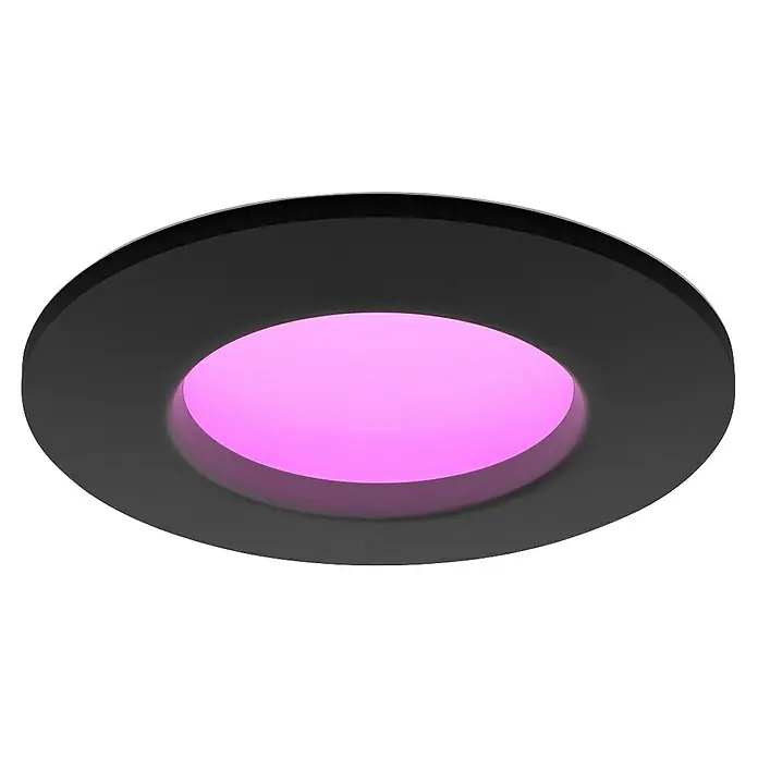 Philips Hue LED-Einbauspot White & Color Ambience Slim Recessed S - 8,3 W, RGBW, Durchmesser: 9 cm, 1 Stk., Schwarz - Schwarzgraue LED-Deckenleuchte mit einem rosafarbenen Zentrum. Sie ist minimalistisch und ideal für moderne Räume.