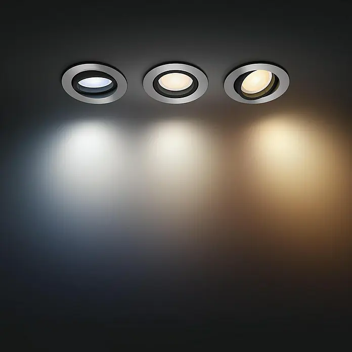 Philips Hue LED-Einbauleuchten-Set rund White Ambience Recessed Milliskin - 4,2 W, Ø x H: 9 x 10 cm, Alu, 3 Stk., Kaltweiß - LED-Einbaustrahler in drei verschiedenen Farbtemperaturen, von kühlem Weiß bis warmem Gelb, für eine vielseitige Beleuchtung.