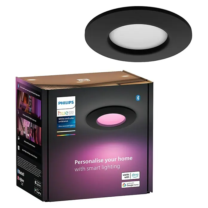 Philips Hue LED-Einbauspot White & Color Ambience Slim Recessed S - 8,3 W, RGBW, Durchmesser: 9 cm, 1 Stk., Schwarz - Das Bild zeigt eine Philips Hue White and Color Ambiance Slim Recessed Light 5er-Packung und ein einzelnes, schwarzes LED-Panel.
