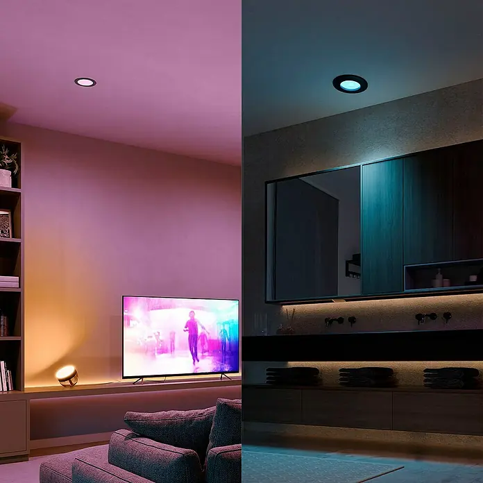 Philips Hue LED-Einbauspot White & Color Ambience Slim Recessed S - 8,3 W, RGBW, Durchmesser: 9 cm, 1 Stk., Schwarz - Farbige LED-Deckenleuchten in einem Wohn- und Badezimmer. Sie erzeugen Ambiente und setzen Akzente.