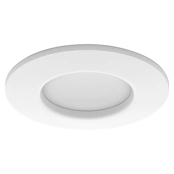 Philips Hue LED-Einbauspot White & Color Ambience Slim Recessed S - 8,3 W, RGBW, Durchmesser: 9 cm, 1 Stk., Weiß - Nahaufnahme einer runden, weißen Deckenleuchte mit einem vertieften, abgerundeten Zentrum, die ein modernes und minimalistisches Design zeigt.