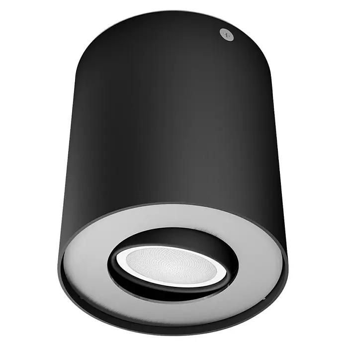 Philips Hue LED-Deckenstrahler White Ambiance Pillar - 4,2 W, L x B x H: 10,3 x 10,3 x 12 cm, Schwarz, Neutralweiß - Nahaufnahme einer zylindrischen Deckenleuchte in Schwarz und Weiß. Das moderne Design sorgt für stilvolle Beleuchtung.