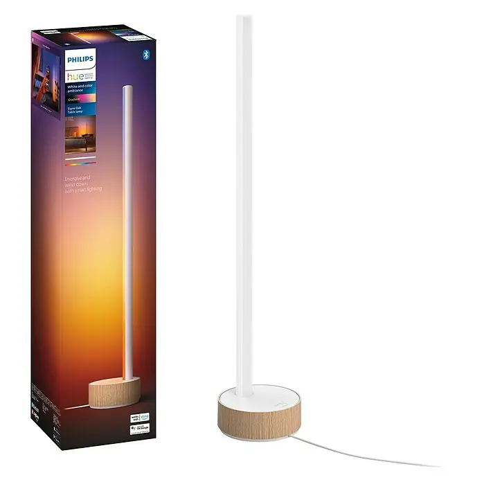 Philips Hue LED-Tischleuchte Signe Oak - 12 W, L x B x H: 11,15 x 11,15 x 55,3 cm, Weiß, RGBW - Produktansicht der Philips Hue Signe Oak Tischleuchte, die modernes Design und intelligente Beleuchtung vereint.
