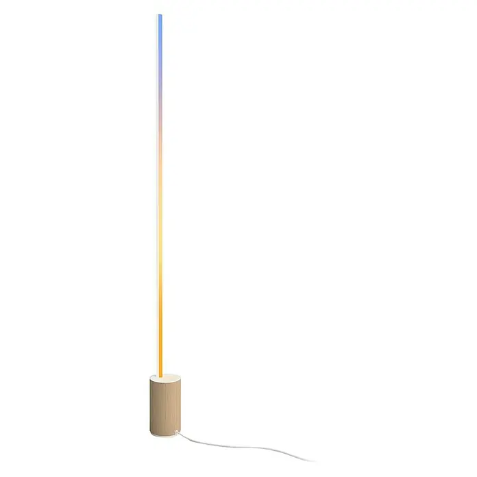 Philips Hue LED-Stehleuchte Signe - 29 W, Höhe: 145 cm, Weiß/ Oak, RGBW - Stehleuchte mit Holzsockel und vertikalem Farbverlauf von Blau über Gelb nach Gold. Elegantes Design für modernes Ambiente.