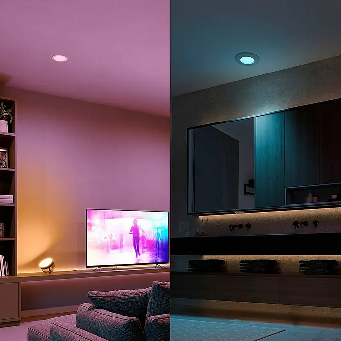 Philips Hue LED-Einbauspot White & Color Ambience Slim Recessed L - 12 W, RGBW, Durchmesser: 17 cm, 1 Stk., Weiß - Das Bild zeigt zwei Räume, beleuchtet mit smarten Farblampen, die eine gemütliche Atmosphäre erzeugen und das Ambiente hervorheben.