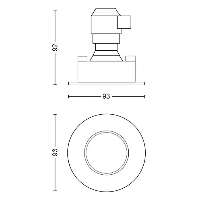 Philips Hue LED-Einbauleuchte rund White Ambience Adore - 4,2 W, Chrome, Neutralweiß, 1 Stk. - Abbildung einer Leuchte mit den Maßen 92 mm Höhe und 93 mm Durchmesser, dargestellt in zwei Ansichten zur besseren Visualisierung.