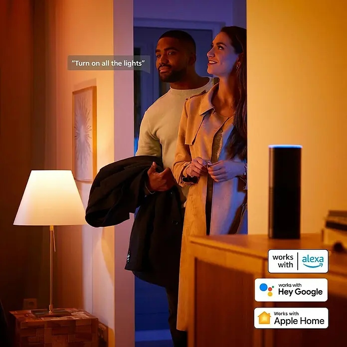 Philips Hue LED-Einbauspot White & Color Ambience Slim Recessed S - 8,3 W, RGBW, Durchmesser: 9 cm, 1 Stk., Schwarz - Ein Paar betritt einen Raum und steuert die Beleuchtung mit einem intelligenten Lautsprecher, der mit Alexa, Google und Apple Home kompatibel ist.