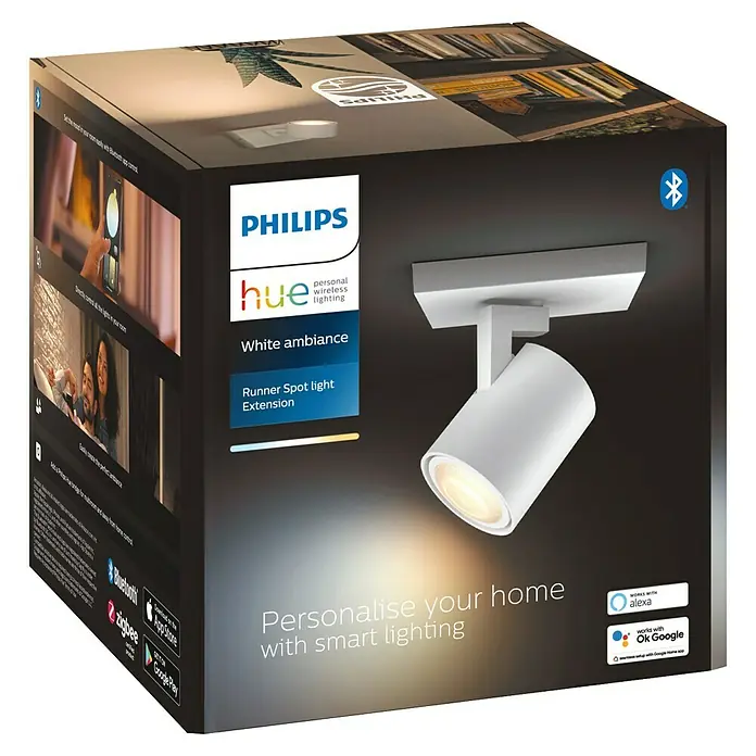 Philips Hue LED-Deckenstrahler White Ambience Runner Erweiterung - 4,2 W, L x B x H: 9 x 11 x 10,7 cm, Weiß, Mehrfarbig - Das Bild zeigt die Verpackung für einen Philips Hue Runner Spotlight Extension in Weiß, die intelligente Beleuchtungslösungen anbietet.