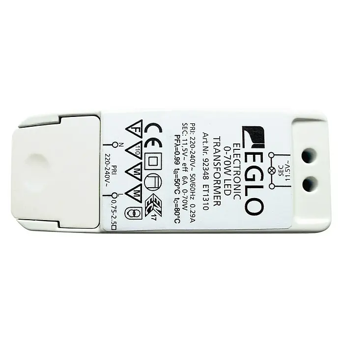 Eglo LED-Trafo - 0 W - 70 W, 230 V, Weiß, Dimmbar - Abbildung eines EGLO 0-70W LED Transformators, der für elektronische Geräte geeignet ist. Die technischen Daten sind deutlich sichtbar.