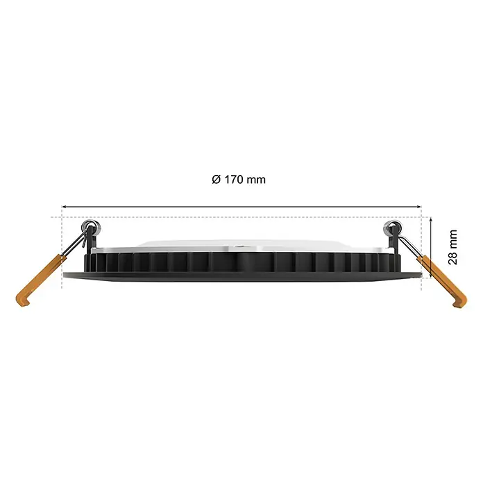 Philips Hue LED-Einbauspot White & Color Ambience Slim Recessed L - 12 W, RGBW, Durchmesser: 17 cm, 1 Stk., Schwarz - Detaillierte Ansicht einer runden LED-Einbauleuchte mit den Maßen Ø 170 mm und einer Höhe von 28 mm, ideal für moderne Innenräume.