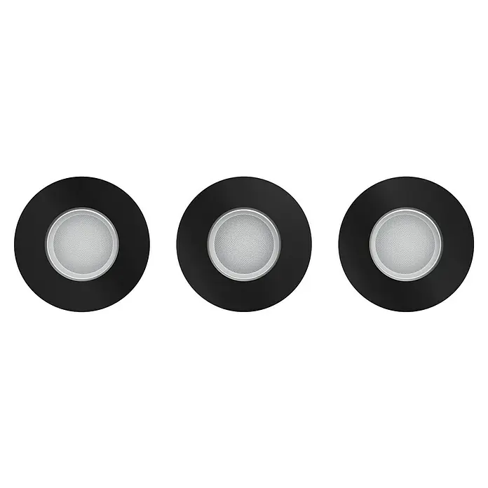 Philips Hue LED-Einbauleuchten-Set rund White and Color Ambience Xamento - 4,2 W, Ø x H: 9,2 x 9,2 cm, Schwarz, 3 Stk., RGBW - Drei schwarze LED-Einbaustrahler mit silbernen Details, ideal für moderne Innenräume und energieeffiziente Beleuchtung.\n