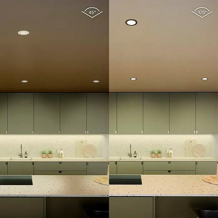 Philips Hue LED-Einbauspot White & Color Ambience Slim Recessed L - 12 W, RGBW, Durchmesser: 17 cm, 1 Stk., Schwarz - Ein modernes Küchendesign mit schwenkbaren LED-Einbauspots, die eine flexible Beleuchtungslösung bieten. Unterschiedliche Lichtverteilungswinkel.