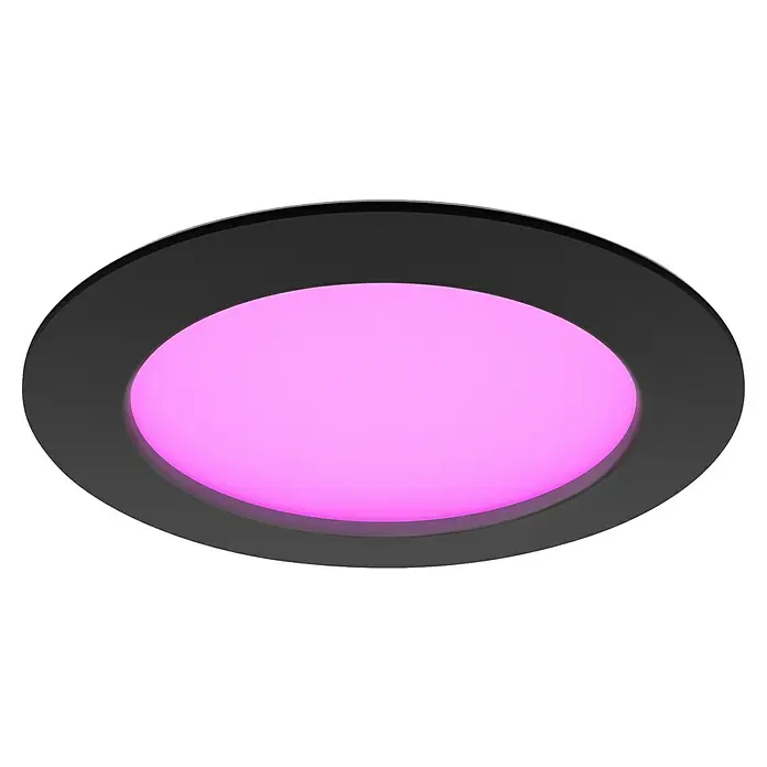 Philips Hue LED-Einbauspot White & Color Ambience Slim Recessed L - 12 W, RGBW, Durchmesser: 17 cm, 1 Stk., Schwarz - Nahaufnahme einer runden, schwarzen Deckenleuchte mit einem leuchtend rosa Licht, das eine moderne und stilvolle Beleuchtungslösung darstellt.
