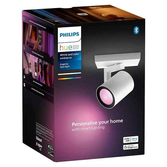 Philips Hue LED-Deckenstrahler White and Color Ambience Argenta - 4,2 W, L x B x H: 9 x 10,63 x 19 cm, Weiß, RGBW, Anzahl Leuchtmittel: 1 Stk. - Abbildung einer Philips Hue Argenta Spot Lampe.
