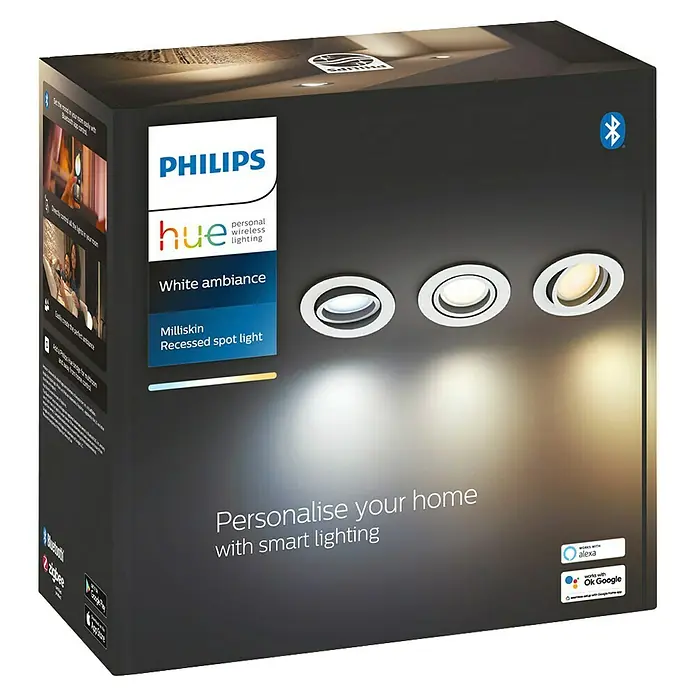Philips Hue LED-Einbauleuchten-Set rund White Ambience Recessed Milliskin - 4,2 W, Ø x H: 9 x 10 cm, Weiß, 3 Stk., Kaltweiß - Philips Hue White Ambiance Milliskin Einbauspot-Packung. Personalisieren Sie Ihr Zuhause mit smarter Beleuchtung.