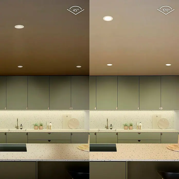 Philips Hue LED-Einbauspot White & Color Ambience Slim Recessed S - 8,3 W, RGBW, Durchmesser: 9 cm, 1 Stk., Weiß - Vergleich von LED-Einbaustrahlern mit 45° und 120° Abstrahlwinkel für eine Küchenbeleuchtung, die Helligkeit und Atmosphäre optimiert.